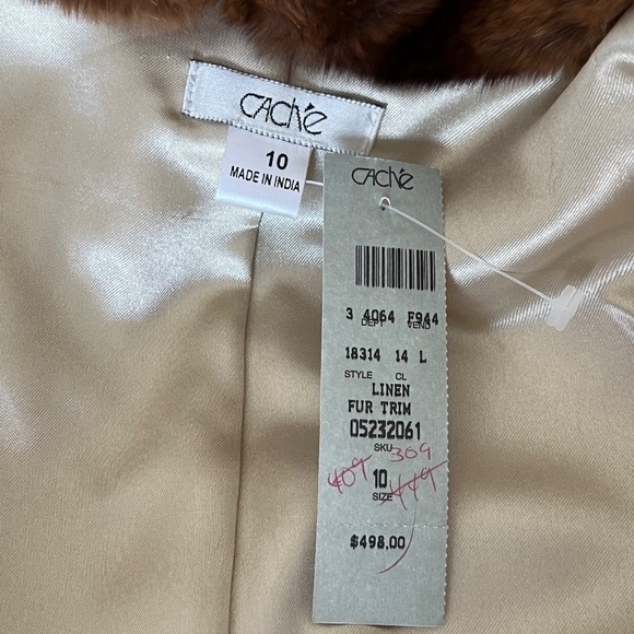 Cache Tan Leather Fitted Jacket W/Removable Fur Collar Size 10 NWT Rare Find!! - Picture 10 of 10